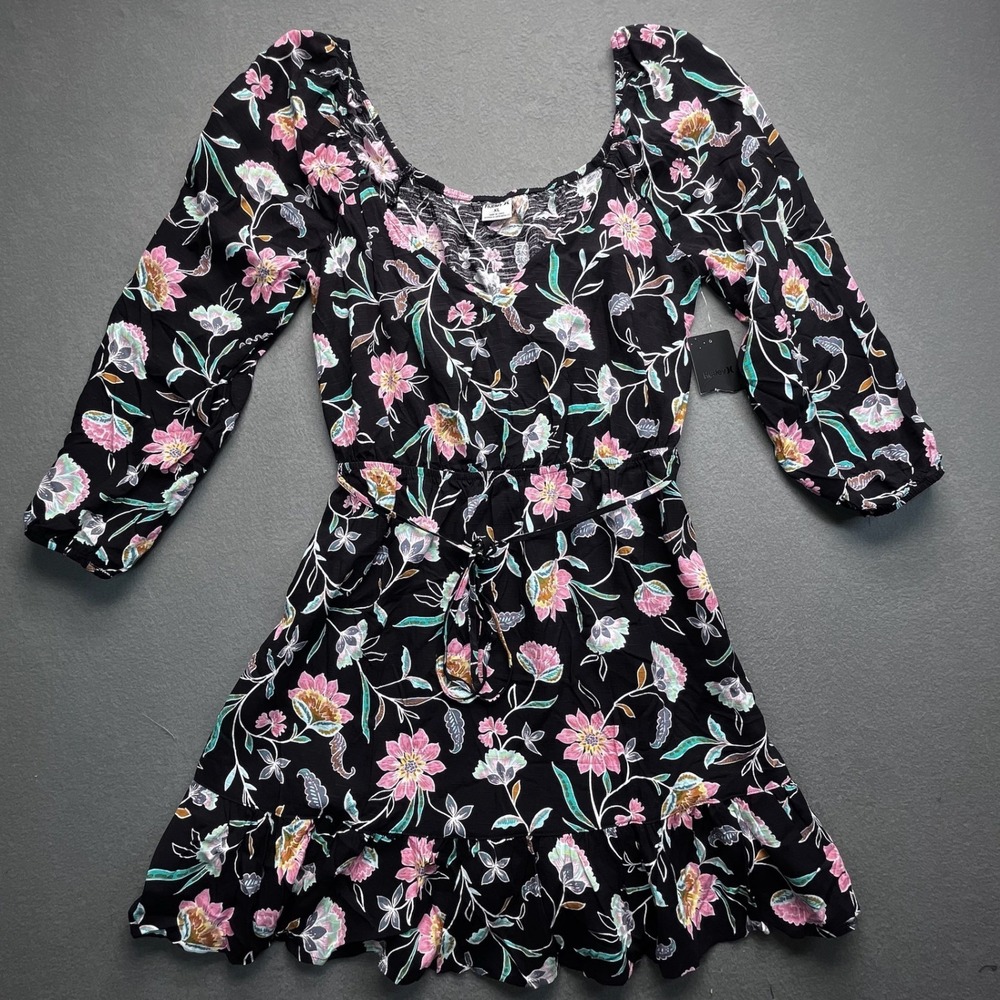 NWT Hurley Women Babydoll Empire Waist Floral Mini Dress Square Neck XL Boho